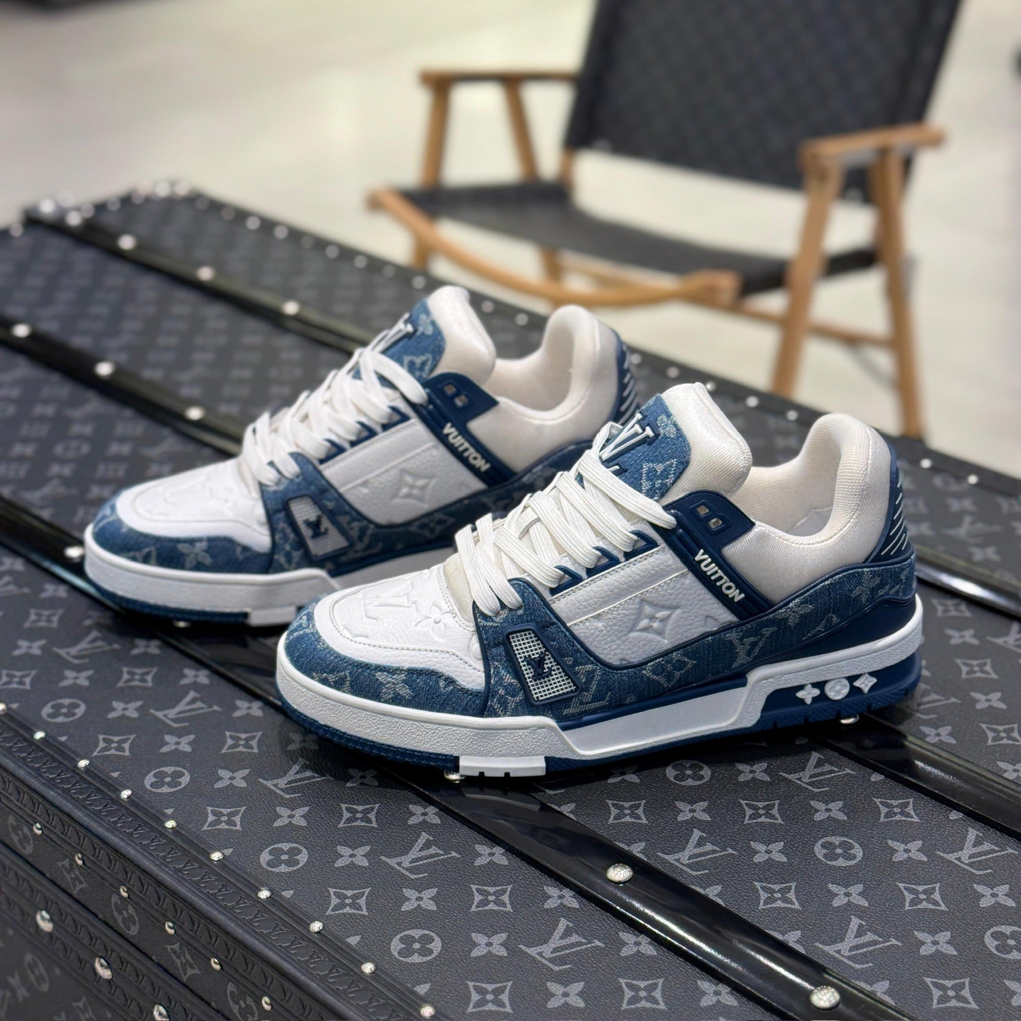 White & Blue Monogram Sneakers
