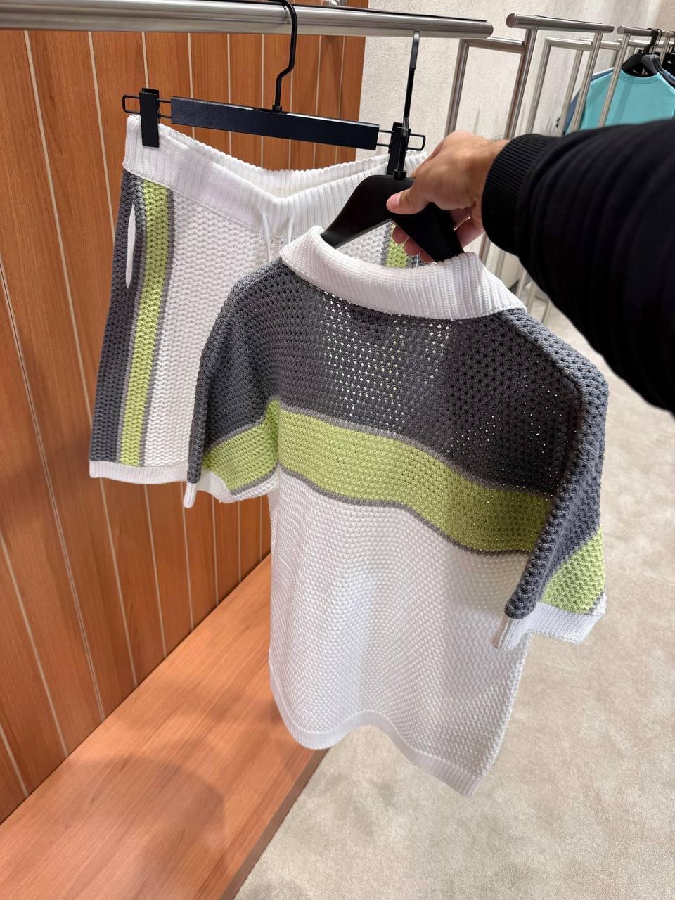 Knitted Shirt & Shorts Set – White/Grey