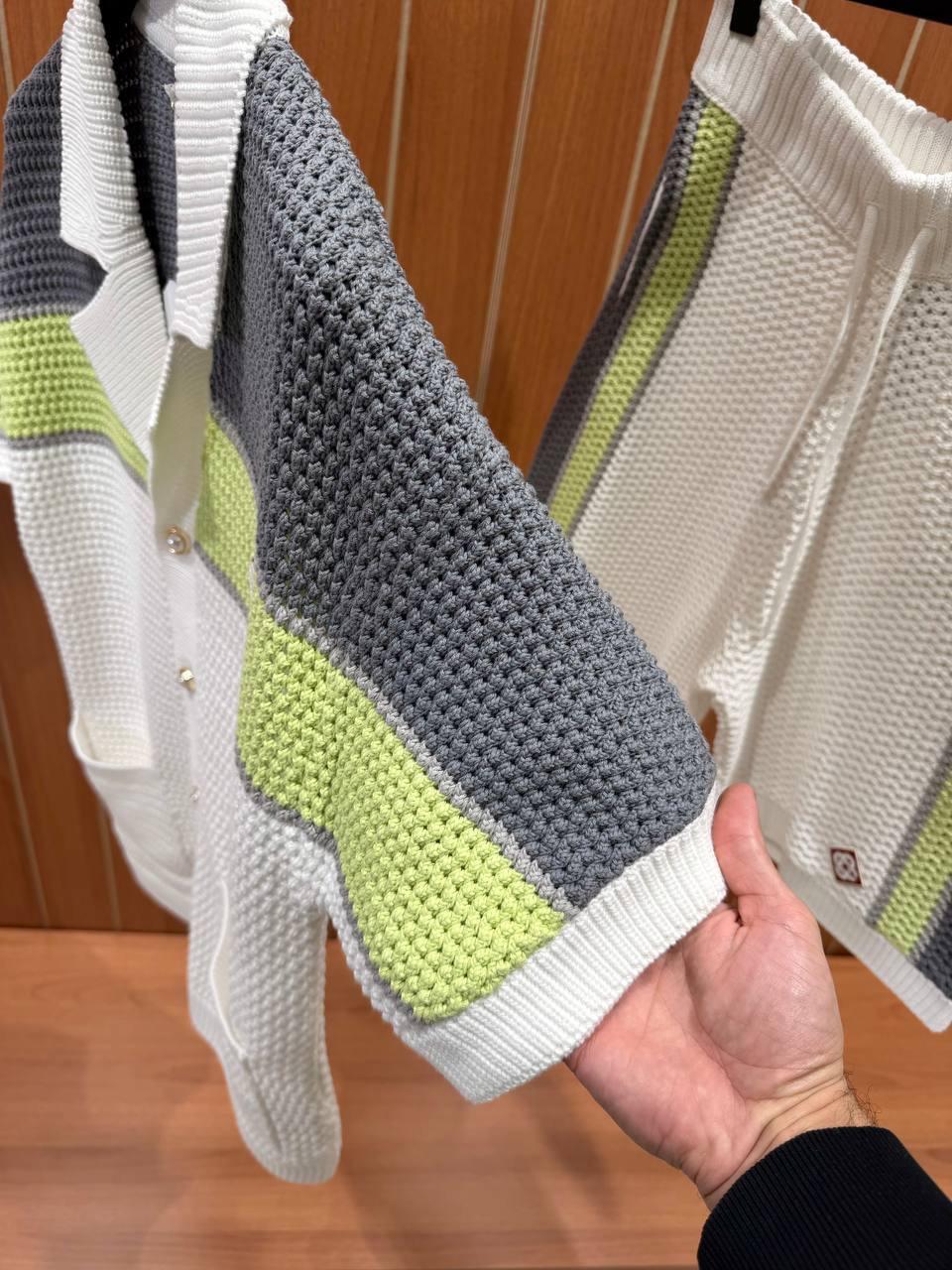 Knitted Shirt & Shorts Set – White/Grey