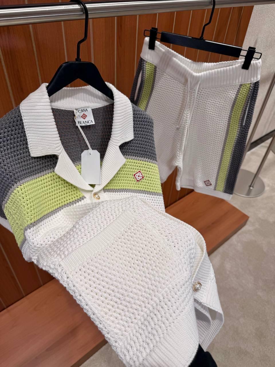 Knitted Shirt & Shorts Set – White/Grey